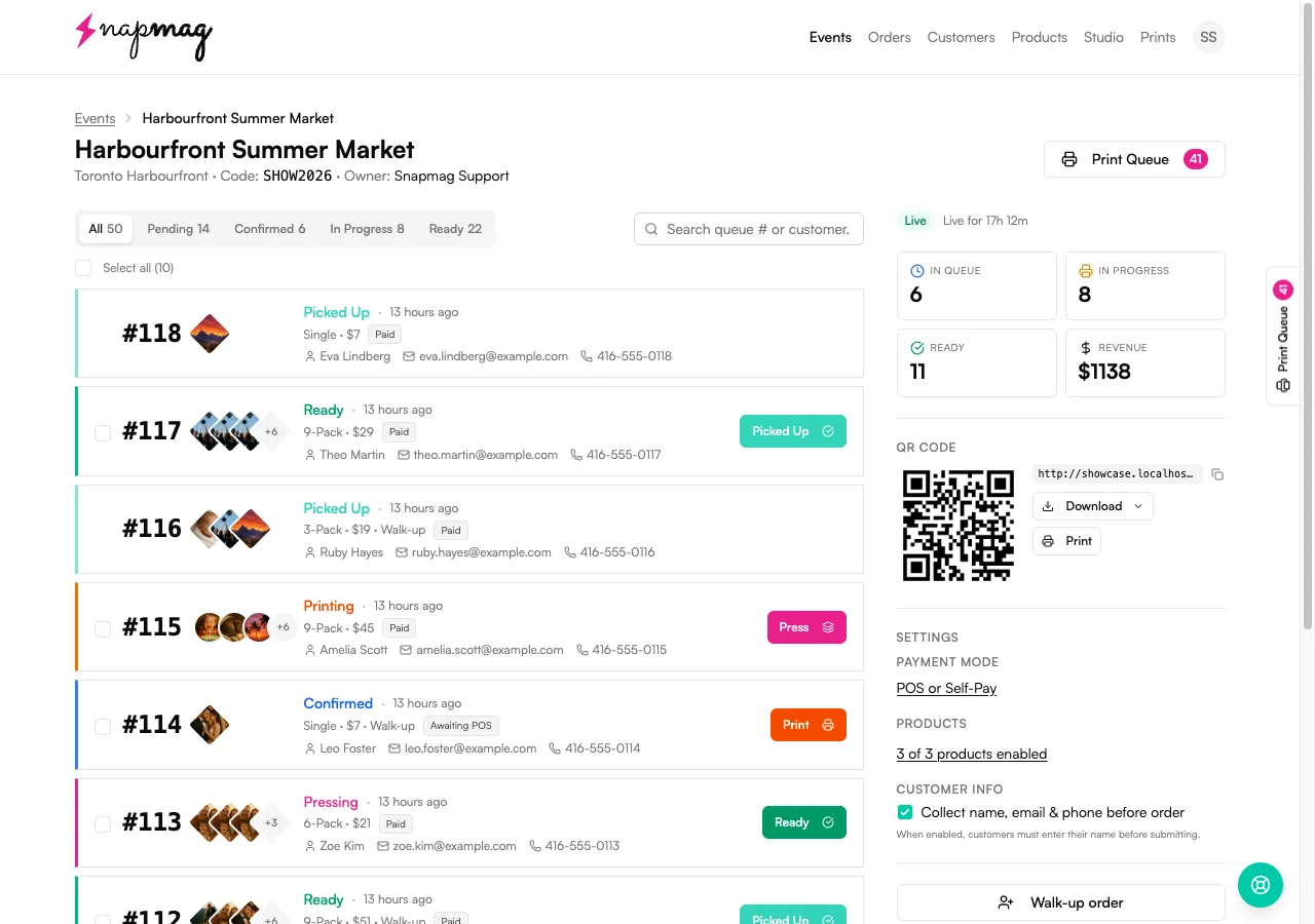 Live Vixie event page with a customer QR code, an order queue showing customer photos and statuses (Picked Up, Ready, Printing, Confirmed, Pressing), and revenue and queue counters