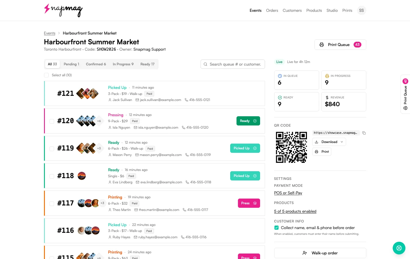 Vixie live order queue — paid orders, status badges, and customer photos