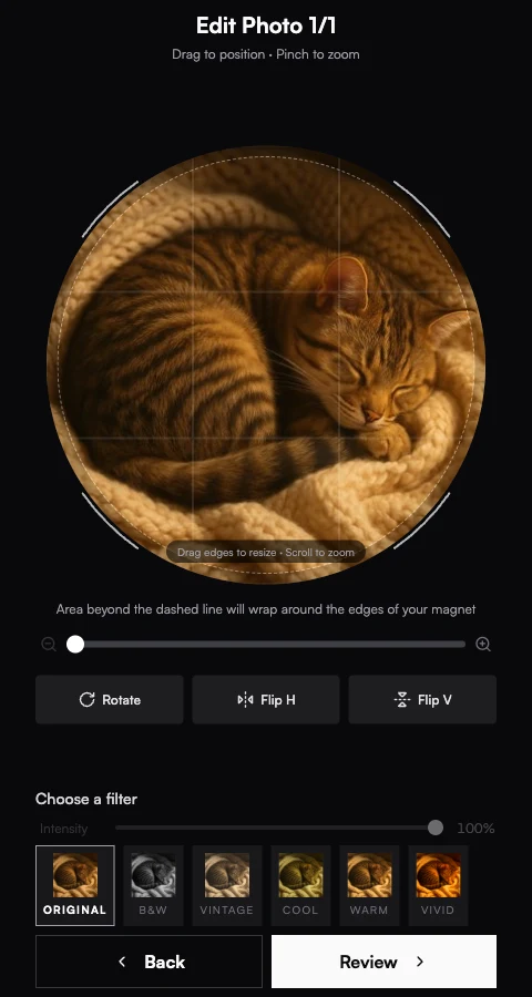Customer view of the circle magnet edit step on a phone: a sleeping cat photo inside a round crop frame, with Rotate / Flip H / Flip V buttons and a row of filters (Original, B&W, Vintage, Cool, Warm, Vivid).