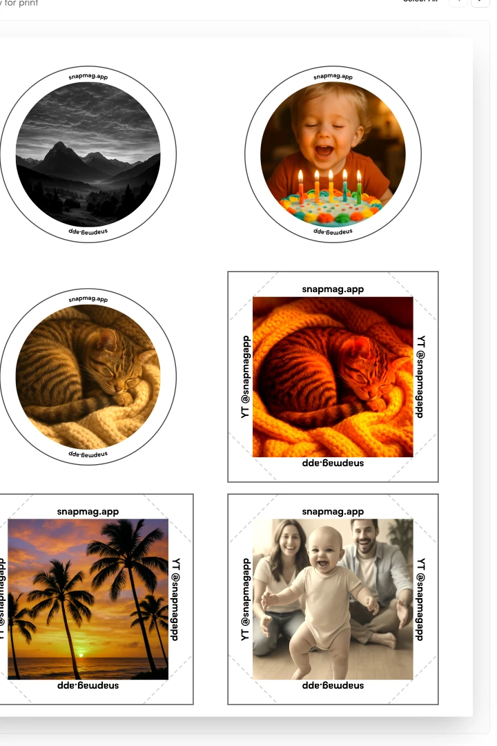 Print Batch #56 — Sheet 1 showing two large circle magnets at the top (a moody mountain landscape and a child blowing out birthday candles), a smaller circle of a sleeping cat, and three square magnets sharing the rest of the sheet.